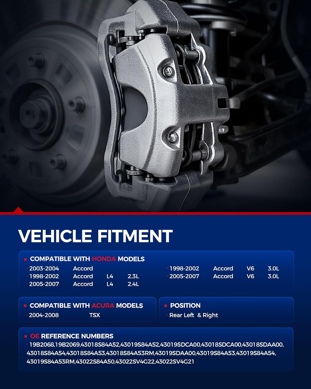 KAX Rear Left & Right Disc Brake Caliper Assembly w/bracket Fits for Honda Accord 2.4L 3.0L 2003-2007, Accord 2.3L 3.0L 1998-2002, for Acura TSX 2004-2008, Replace# 19B2069 19B2068