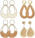 4 Pairs Handmade Raffia Rattan Bohemian Round Drop Dangle Earrings for Women, Boho Statement Cute Fun Hoop Earrings Set