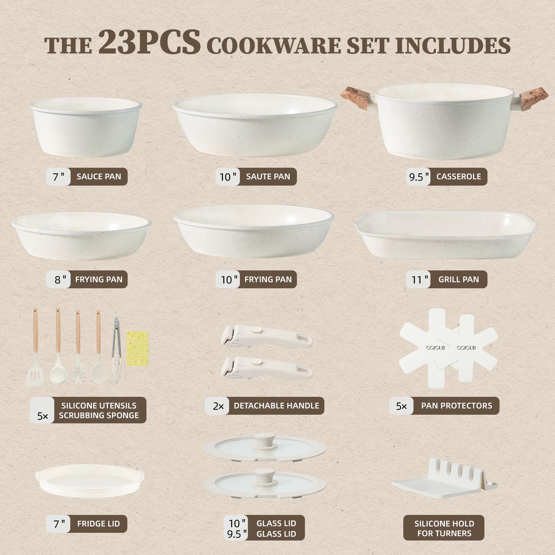Keramik Topfsets Pfannenset 23 Teilig Antihaft Kochgeschirr mit Abnehmbarem Griff Stapelbar Topfset Für alle Herdarten, Bratpfanne 20/26cm, Milchtopf 18cm, Schmorpfanne 24cm Ofenfest Beige