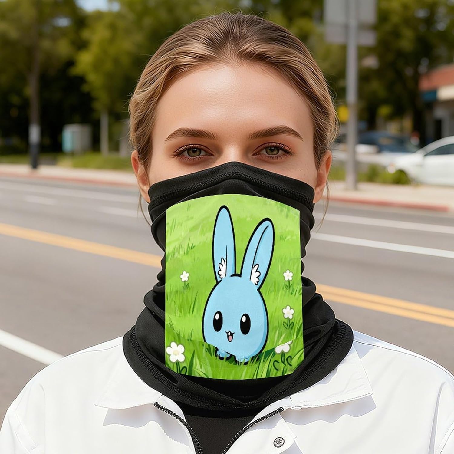 Blue Rabbits in The Lush Green Meadow Neck Gaiter Cooling Bandana Ice Breathable Neck Scarf Uv Face Cover Lightweight Face Mask Windproof Dustproof Tube Scarf For Cycling Motorcycle Hiking Running Nec