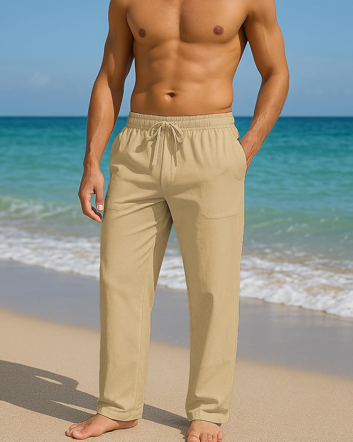 PIDOGYM Mens Cotton Linen Pants, Summer Beach Pants Casual Loose Fit with Elastic Waist Drawstring - Image 4