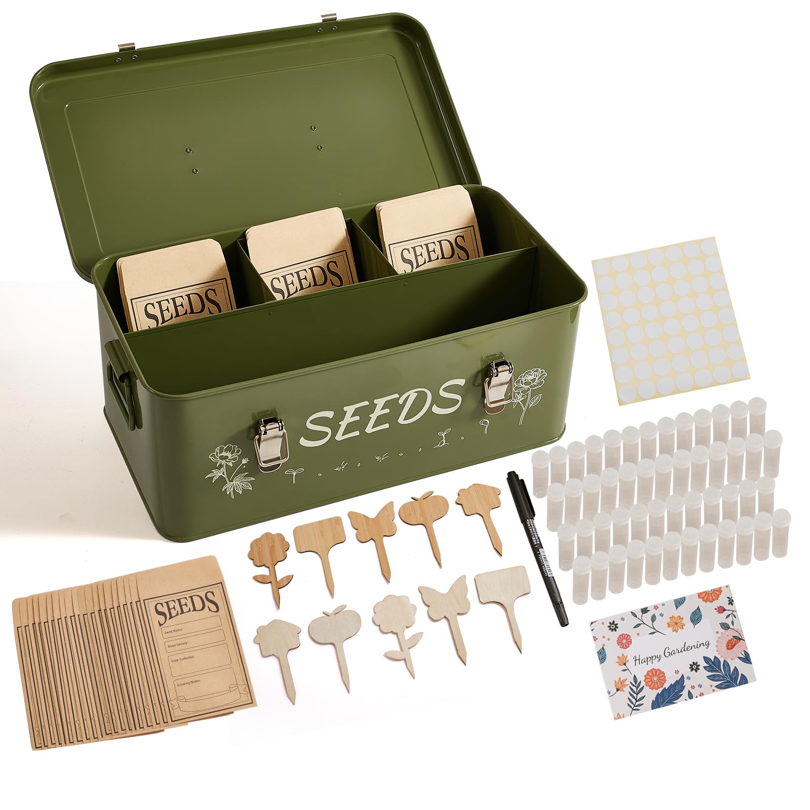 Caja de almacenamiento de semillas de metal galvanizado con separadores y tubos para huerto