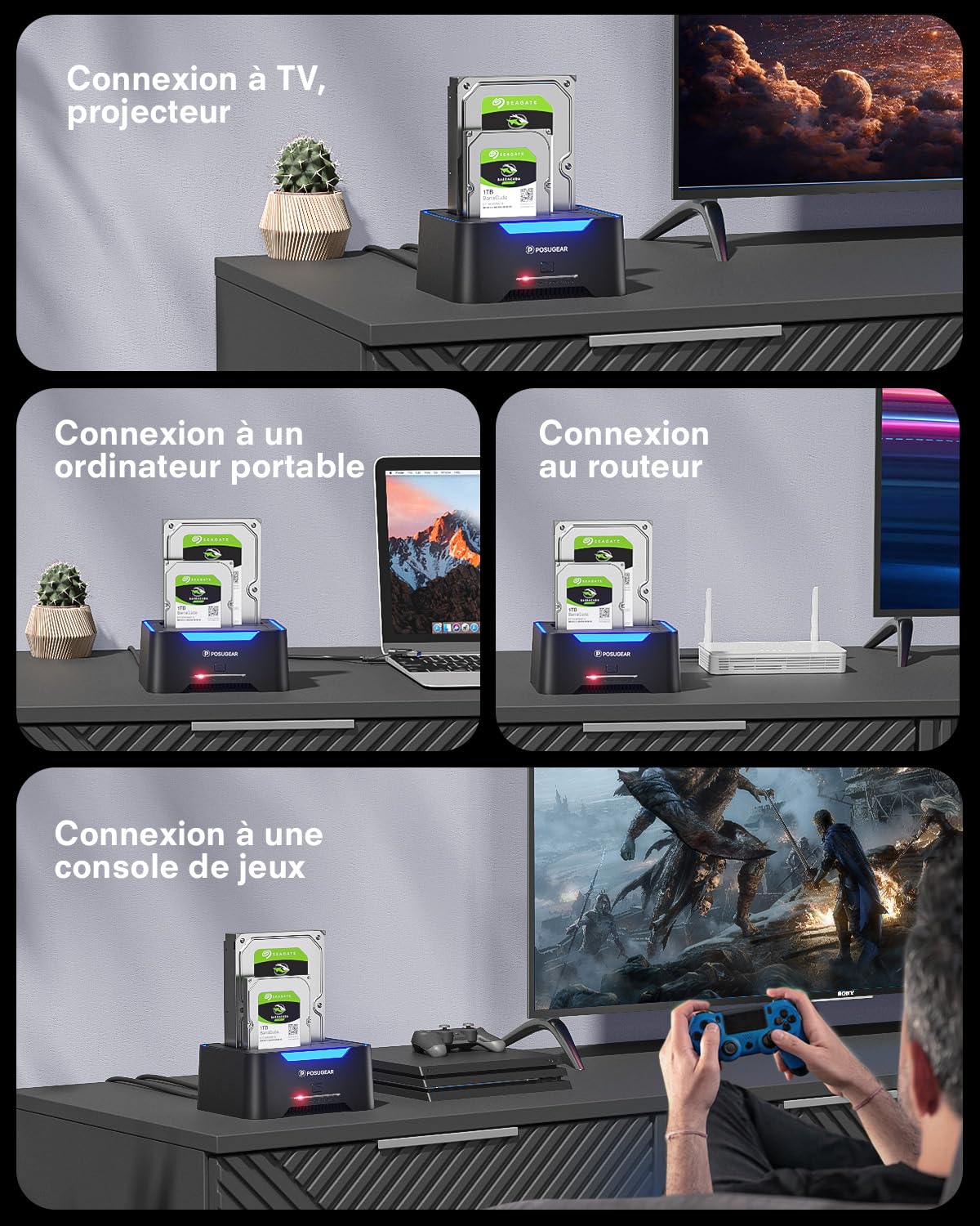 POSUGEAR Dock Disque Durs, USB3.0 Station d'accueil Disque Dur pour 2,5 et 3,5 Pouces SATA HDD/SSD Jusqu'à 40 to, Fonction clonage Hors Ligne Prend en Charge UASP Double Baie