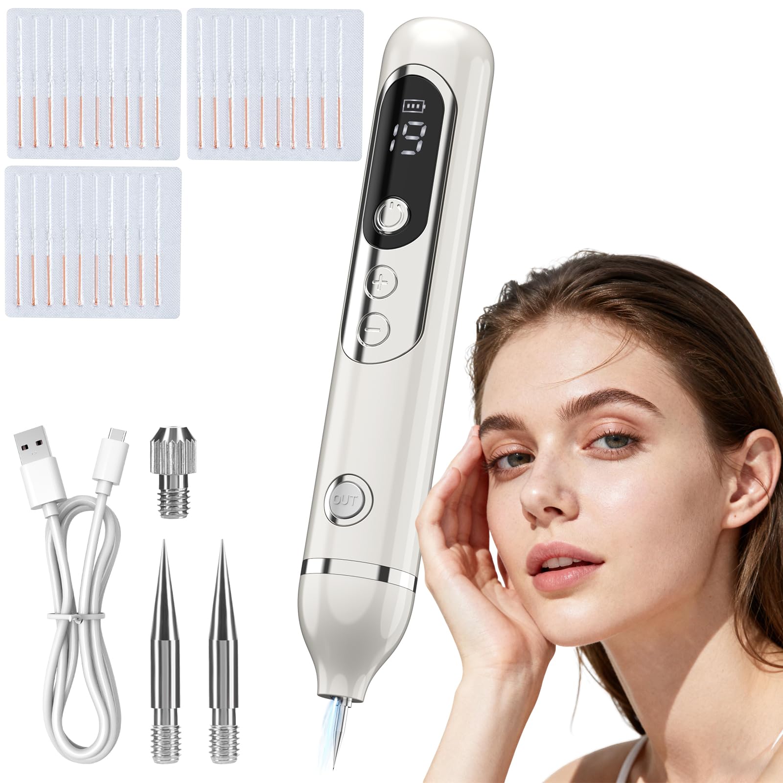 Eliminar Verrugas, Lápiz Para Eliminar Verrugas Cutáneas Lápiz Para Eliminar Lunares con Plasma 19 Niveles De Intensidad y Luz LCD Aguja Reemplazable para Rostro Cuerpo Verrugas Pecas Nevos