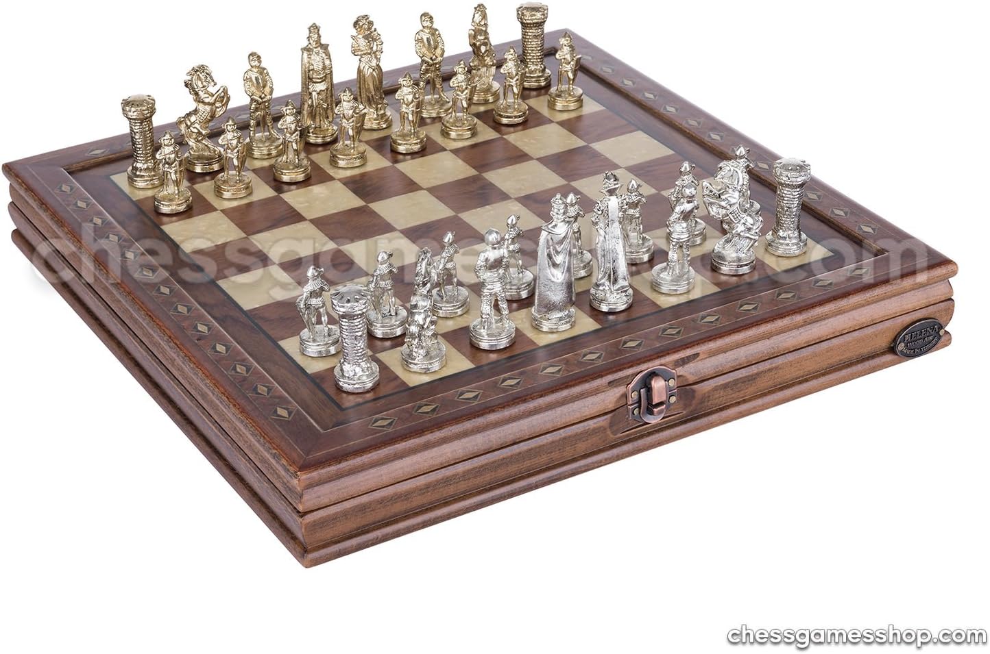 Chess and Games Shop Muba Luxury Handmade Chess Set - Brass Chessmen, Rosewood Mosaic Chess Board - Gift Item, 2 Players, Age 8+