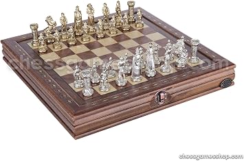 Chess and Games Shop Muba Luxury Handmade Chess Set - Brass Chessmen, Rosewood Mosaic Chess Board - Gift Item, 2 Players, Age 8+
