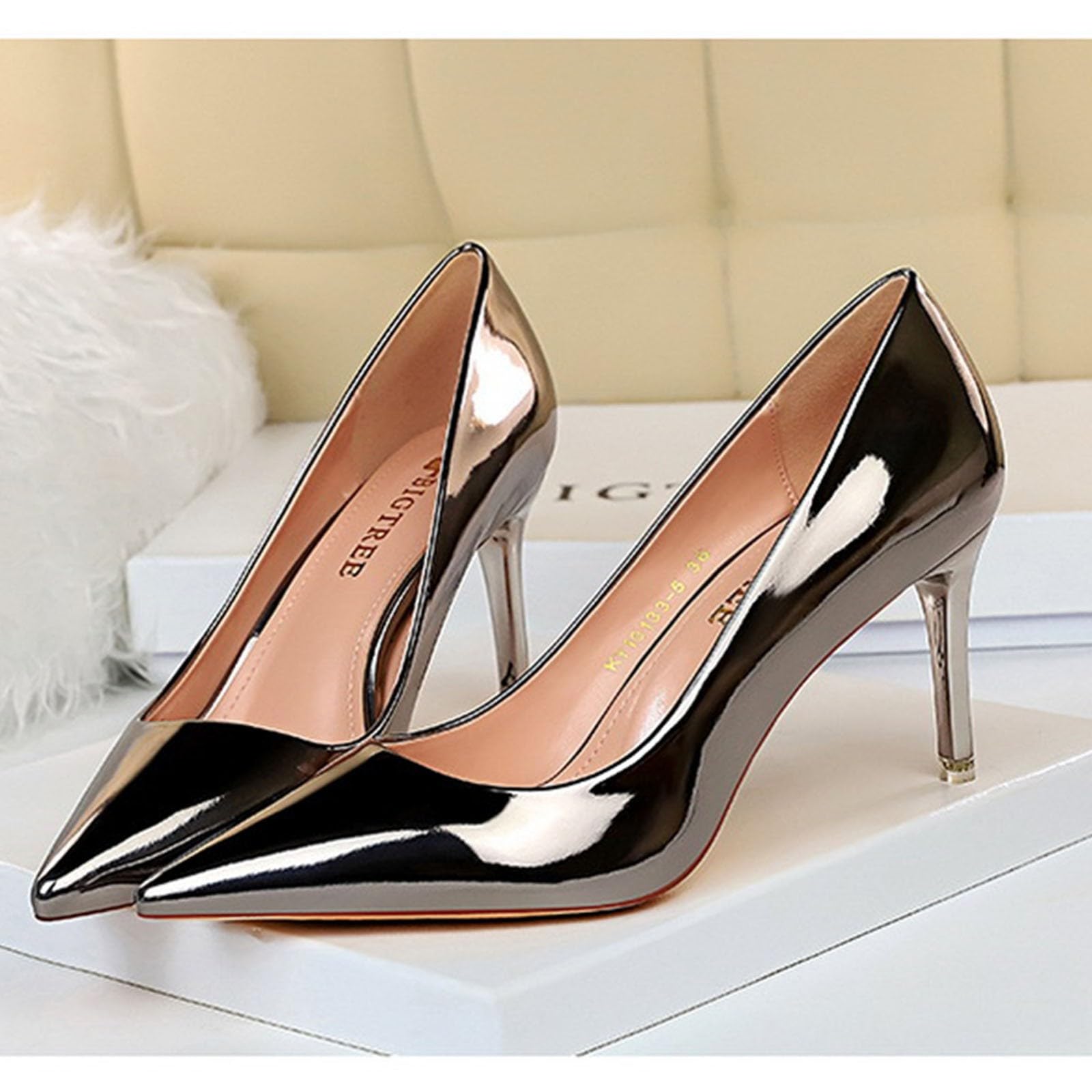 Scarpe da donna con punta a spillo, tacco alto, eleganti scarpe con tacco laccato | Comode scarpe da sposa senza chiusura, scarpe alte leggere, scarpe da sposa comode scarpe da sera per feste e discoteca