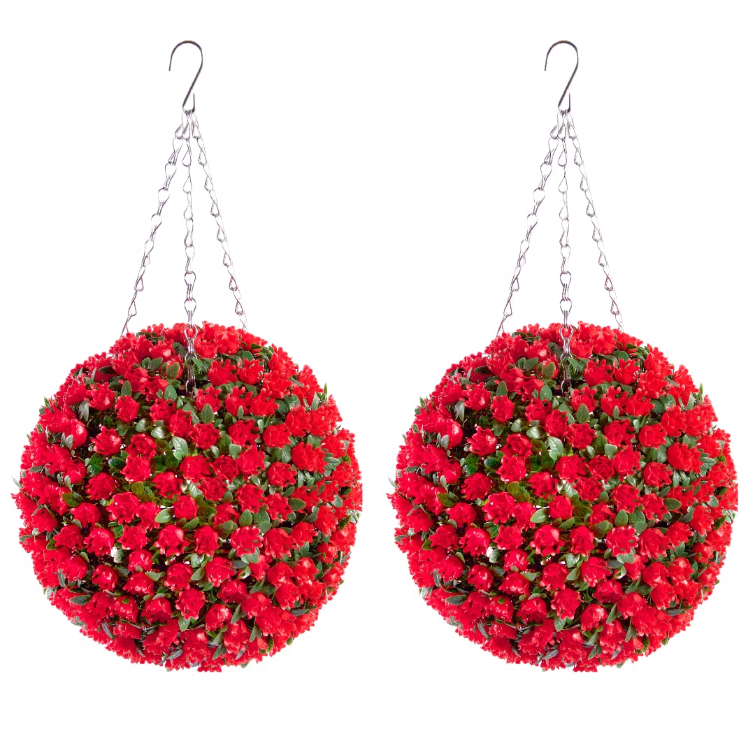 Best Artificial Pair Of 28Cm Rose Hanging Basket Flower Ball Red