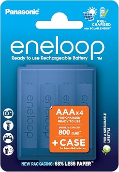 بطارية باناسونيك eneloop Ni-MH جاهزة للاستخدام AAA/Micro 4 عبوات مع صندوق سعة محسنة 2100 دورة شحن أداء عالي وتغليف منخفض التفريغ الذاتي قابل لإعادة الشحن وخالي من البلاستيك