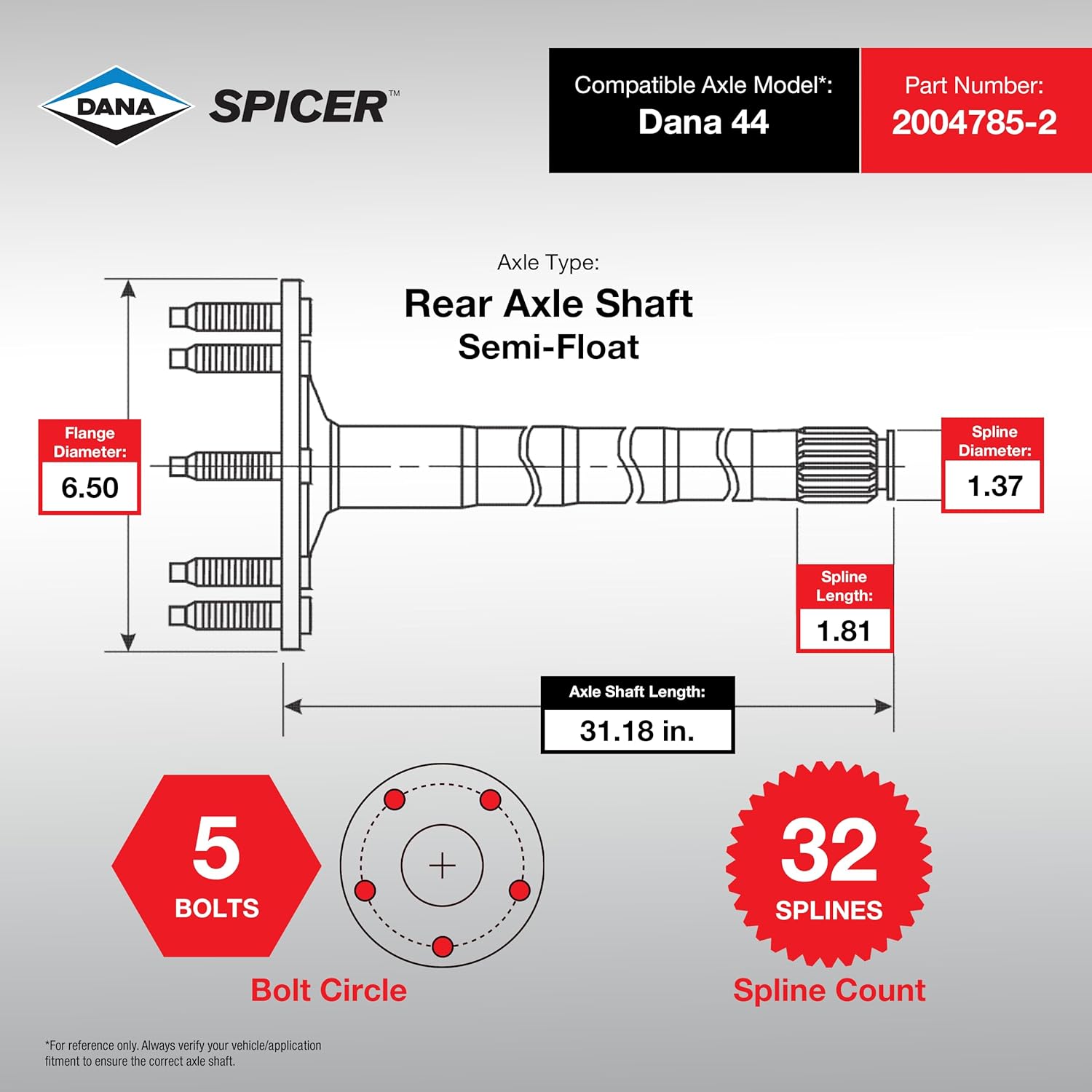 Spicer 2004785-2 Rear Axle Shaft Assembly DANA 44 with Axle Bearing and Seal