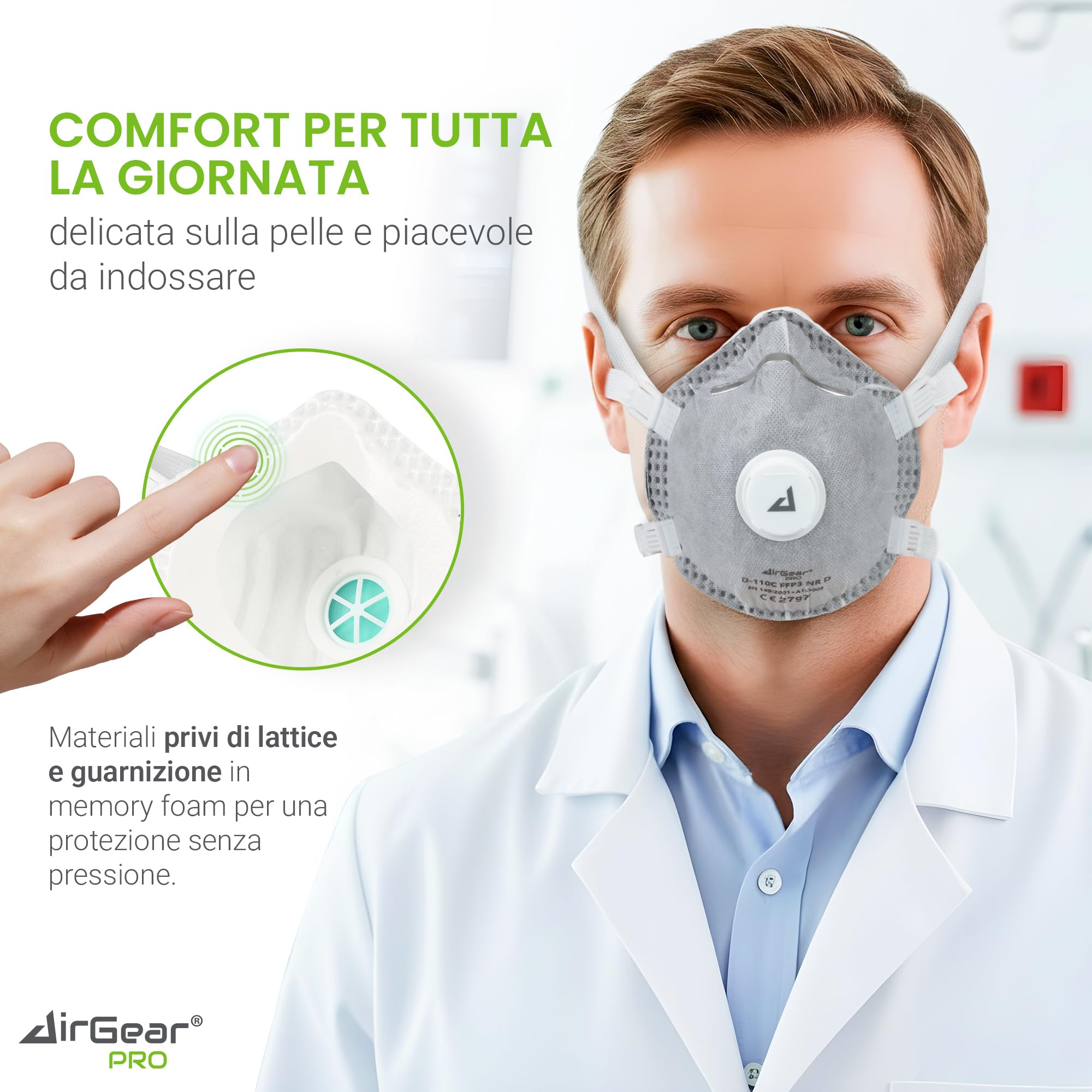 AirGearPro Mascherina FFP3 con Valvola – Maschera Antipolvere per Polveri Sottili con Carbone Attivo – 5 Pezzi