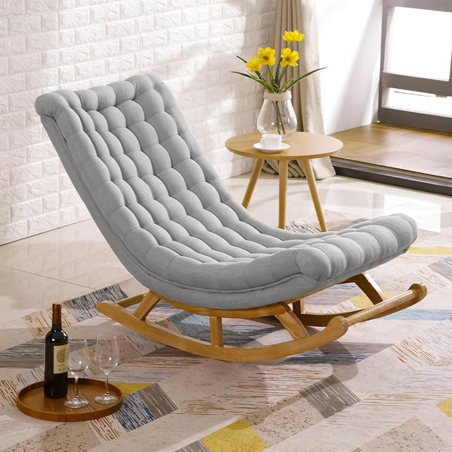 Nursery Rocking Chair,Wooden Rocking Chairs,Indoor Upholstered Rocking Chair for Living Room,Modern Glider Rocker Chair w/Pillow, High Back Padded Seat Side Armchair for Balcony,Porch,Backyard,Patio (