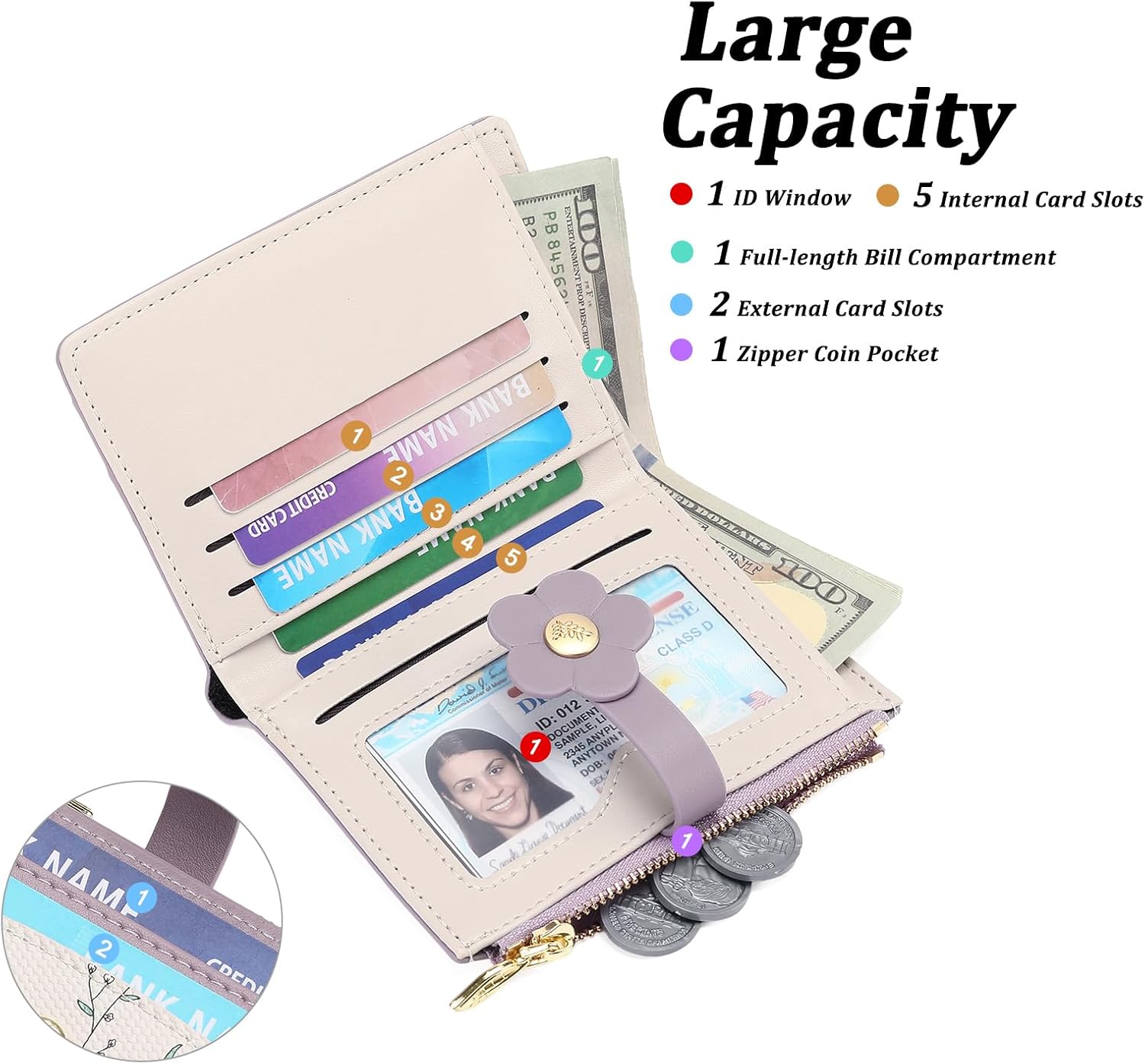 GAEKEAO Small Wallets for Women RFID Blocking Bifold Floral Vegan Leather Wallet Card Holder with ID Window & Zipper Pocket - Image 2