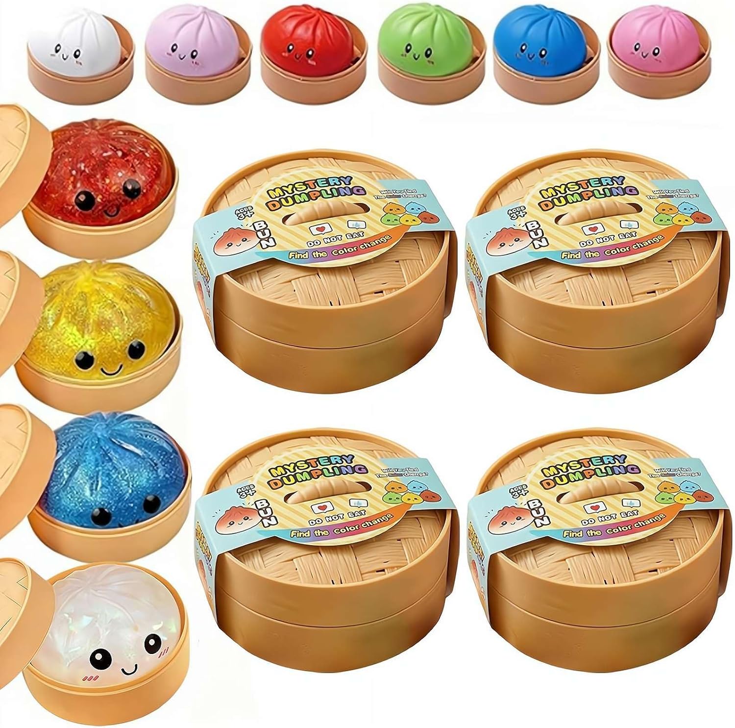 Dumpling Squishies Mystery Box,Glitter Dumplings,10 Colors Random Mystery Dumpling Squishies,Colorful Dumplings Stress Balls Fidget Sensory Toy with Food Steamer, Random Color