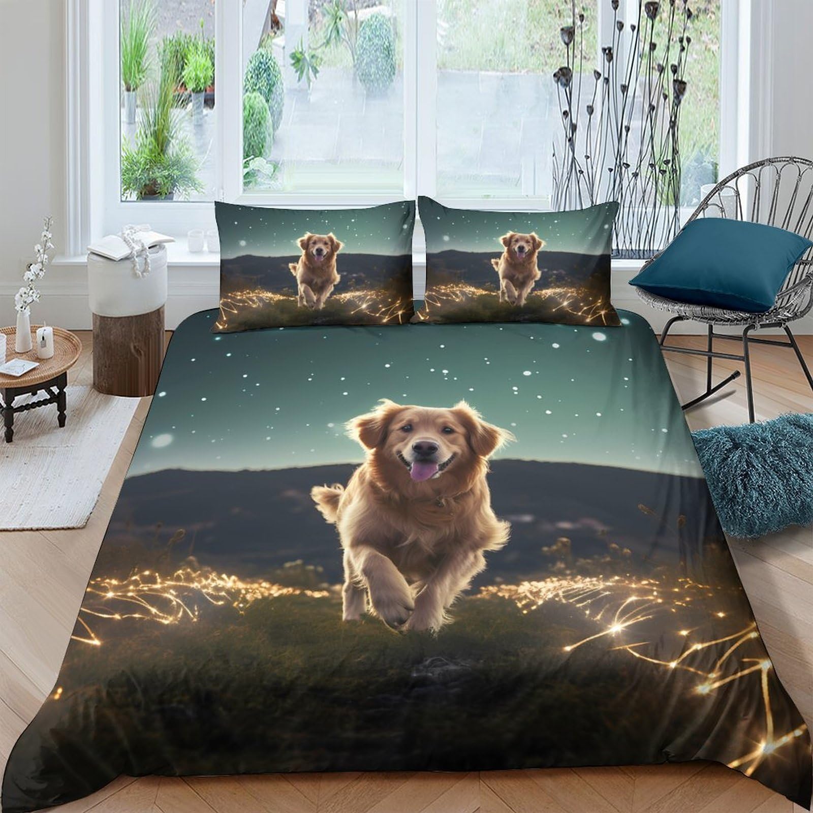 Ctjqhvkz Style-4 3D Printed Golden Retriever Fitted Sheet Microfiber Soft Breathable Sunset Meadow Mattress Cover Bedroom Decor Single（135X200cm）
