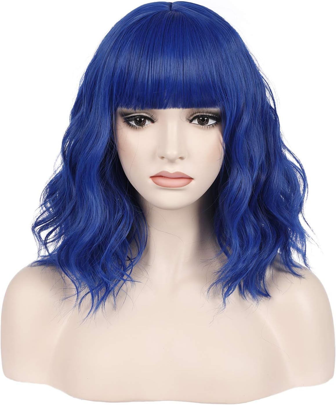 incohair 12 Inches Dark Blue Wig with Bangs Women Girls Short Curly Wavy Bob Wig Shoulder Synthetic Party Wigs Wig Cap Included (Dark Blue)