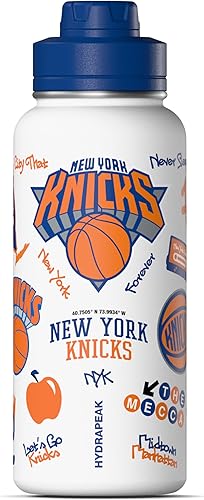 Hydrapeak x Botella de agua activa con licencia oficial de la NBA New York Knicks de 32 onzas, tapa con pico de acero inoxidable, reutilizable,