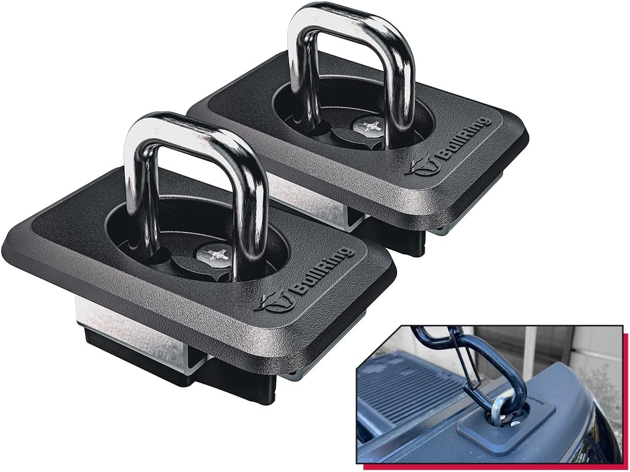 Bull Ring Raised Fit Retractable Truck Bed Tie Down Anchors, Built for 2009-2022 Dodge RAM 1500, 2500, 3500 Trucks & 2014-2019 Toyota Tundra CrewMax Trucks, Rail Cap Trim Required to Install (1 Pair)