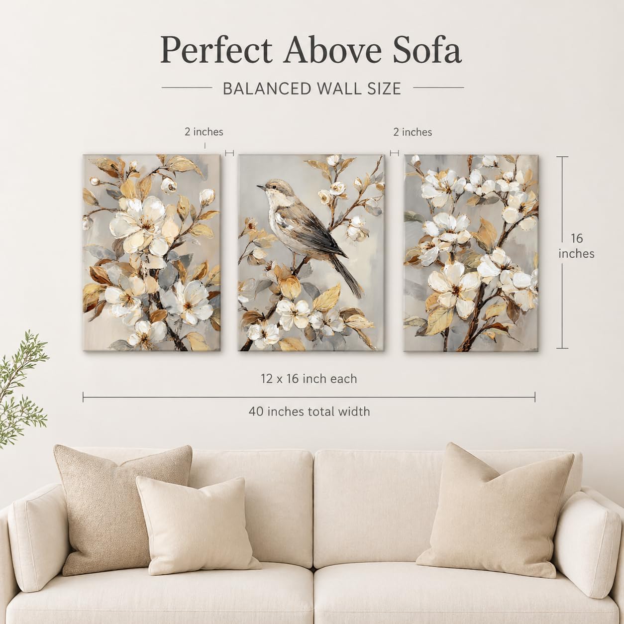 Artiluxy Neutral Botanical Wall Art Set of 3, Vintage Floral Bird Canvas Prints, Beige Flower Wall Decor for Living Room Bedroom Bathroom, Farmhouse French Country Style, 12x16 Inch Each