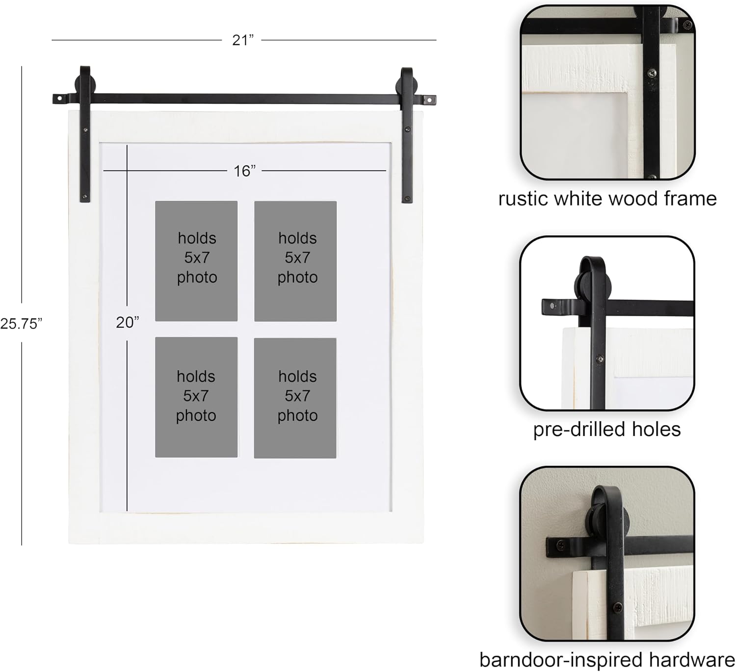 Kate and Laurel Cates Farmhouse Wooden Collage Picture Frame, 21x26 Matted to (4) 5x7, Coastal White, Rectangle Photograph Frame Fitting Four 5x7 Images with Barn Door-Inspired Design