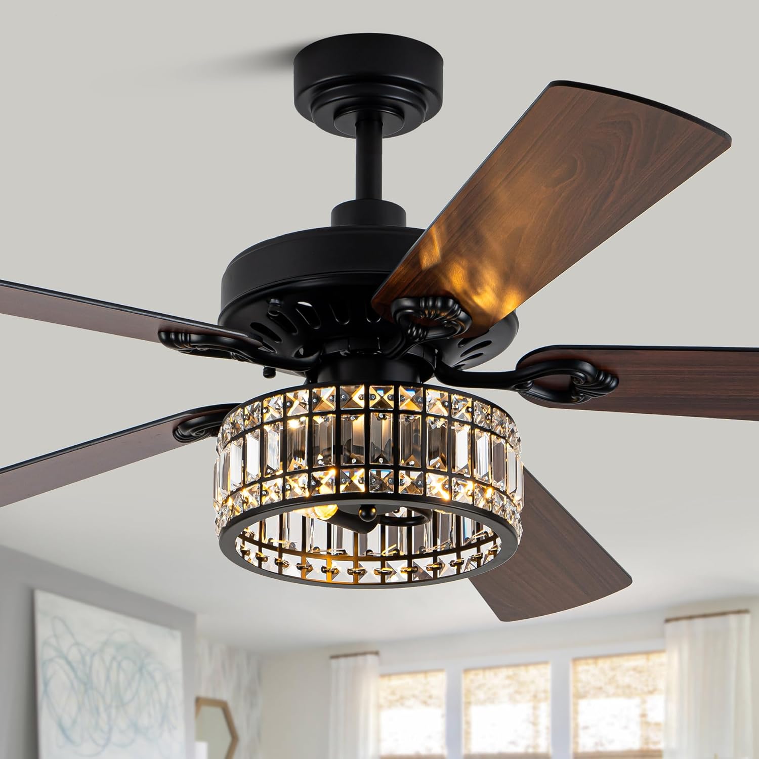 52 Inch Chandelier Fan Crystal Farmhouse Ceiling Fan with Light Quiet and Reversible DC Motor for Living Room Bedroom Patio