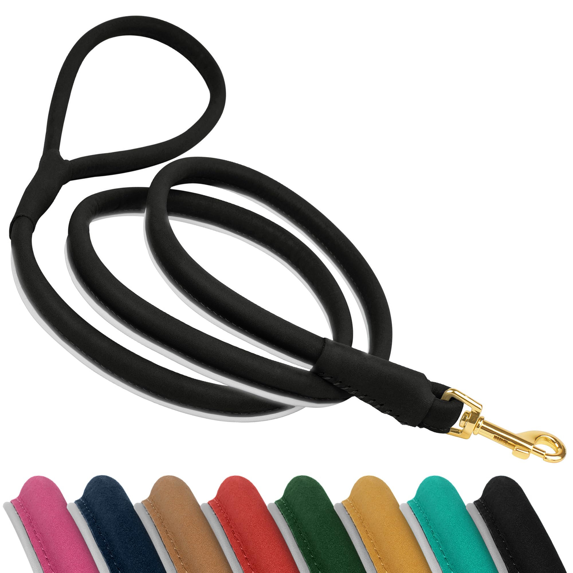 OOPSDOGGY Reflective Rolled Leather Dog Leash 6 ft Durable Dogs Lead for Small Medium Large Dogs (Black, Small)