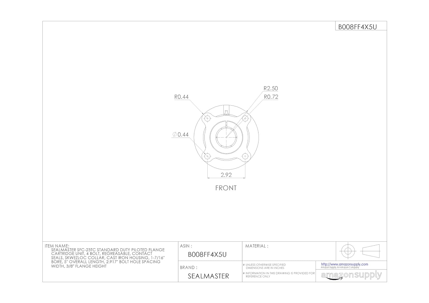 Sealmaster SFC-23TC Standard Duty Piloted Flange Cartridge Unit, 4 Bolt, Regreasable, Contact Seals, Skwezloc Collar, Cast Iron Housing, 1-7/16" Bore, 5" Overall Length, 2.917" Bolt Hole Spacing Width, 3/8" Flange Height