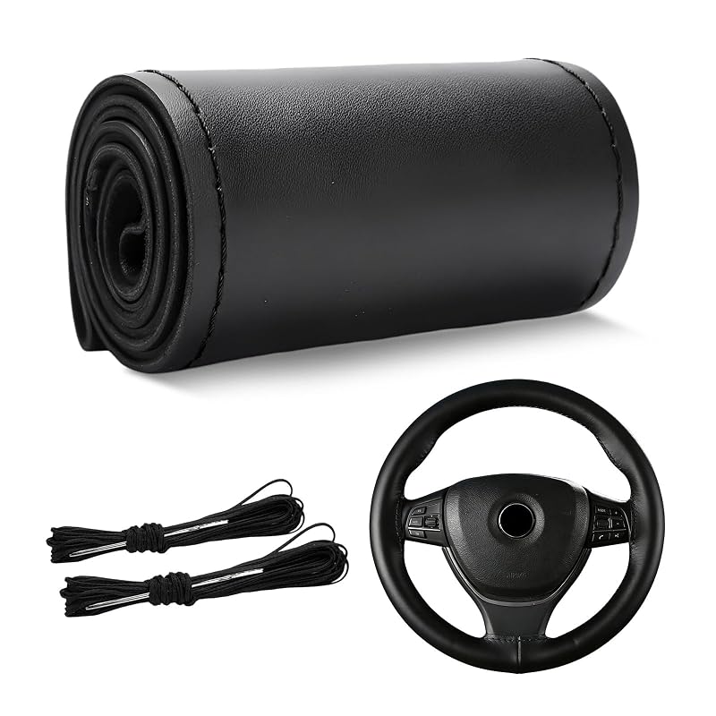 Capa de Volante em Couro para Volantes de 36,8 a 38,1 cm KAUEGOW Preta com Acabamento Brilhante e Kit de Costura