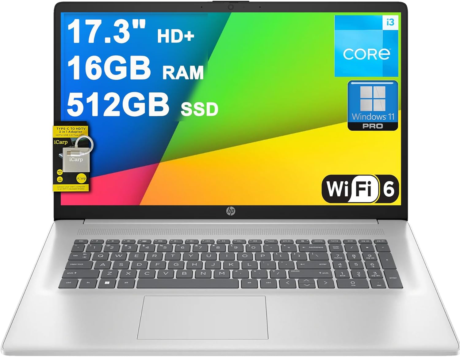 HP 17 Business Laptop 17.3" HD+ Anti-Glare Intel 8-core i3-N305 16GB RAM 512GB SSD Type-C Privacy Camera Long-Lasting Battery Fast Charging Win11Pro ICP Hub