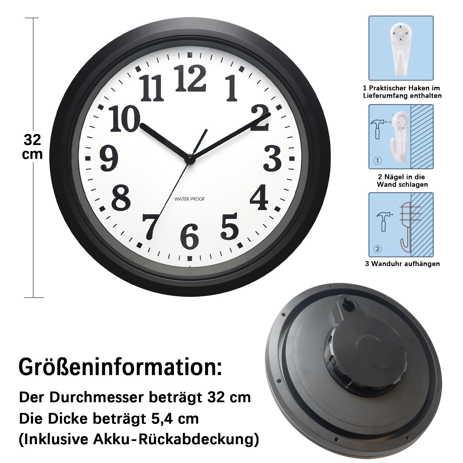 32 cm Outdoor Uhr Garten Wasserfest, Gartenuhr Außen Wetterfest, Leicht Ablesbare Lautlose Batteriebetriebene Runde Wanduhr für Draußen Pool Balkon Badezimmer (Schwarz)