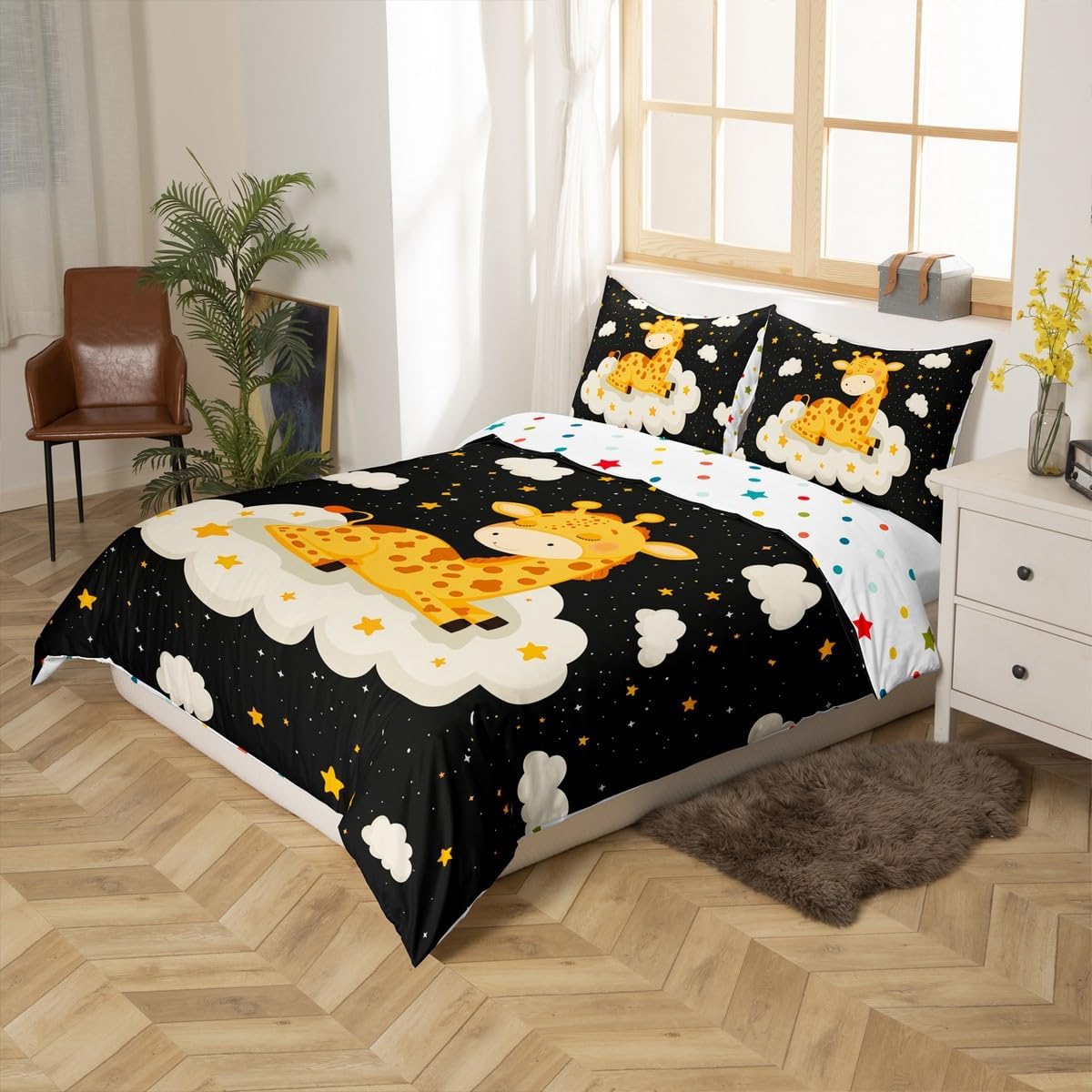 Cartoon Giraffe Duvet Cover Set Toddler Size,African Wildlife Animals Bedding Set,Starry Galaxy Cloud Quilt Cover for Kids,Comforter Cover(No Filler),2 Pcs