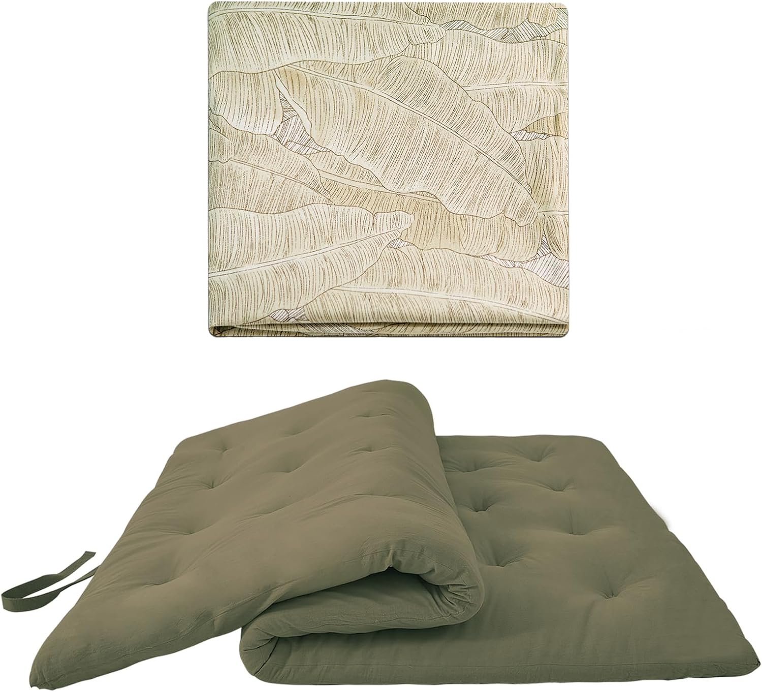 ZonLi Japanese Floor Futon Mattress Queen Size 60"x 80"(Winter Moss),with Futon Mattress Cover 64'' x 84'' Queen Size(Hand-Drawn Leaf Patterns)