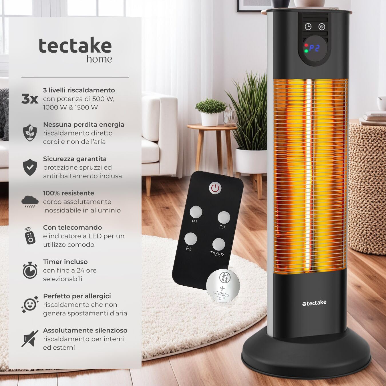 tectake® Radiatore a Infrarossi 1500W, LED, Timer, 3 Livelli di Potenza, Telecomando, Alluminio Inossidabile, Protezione Antiribaltamento, Riscaldamento Diretto, per camping, interno ed esterno - Nero