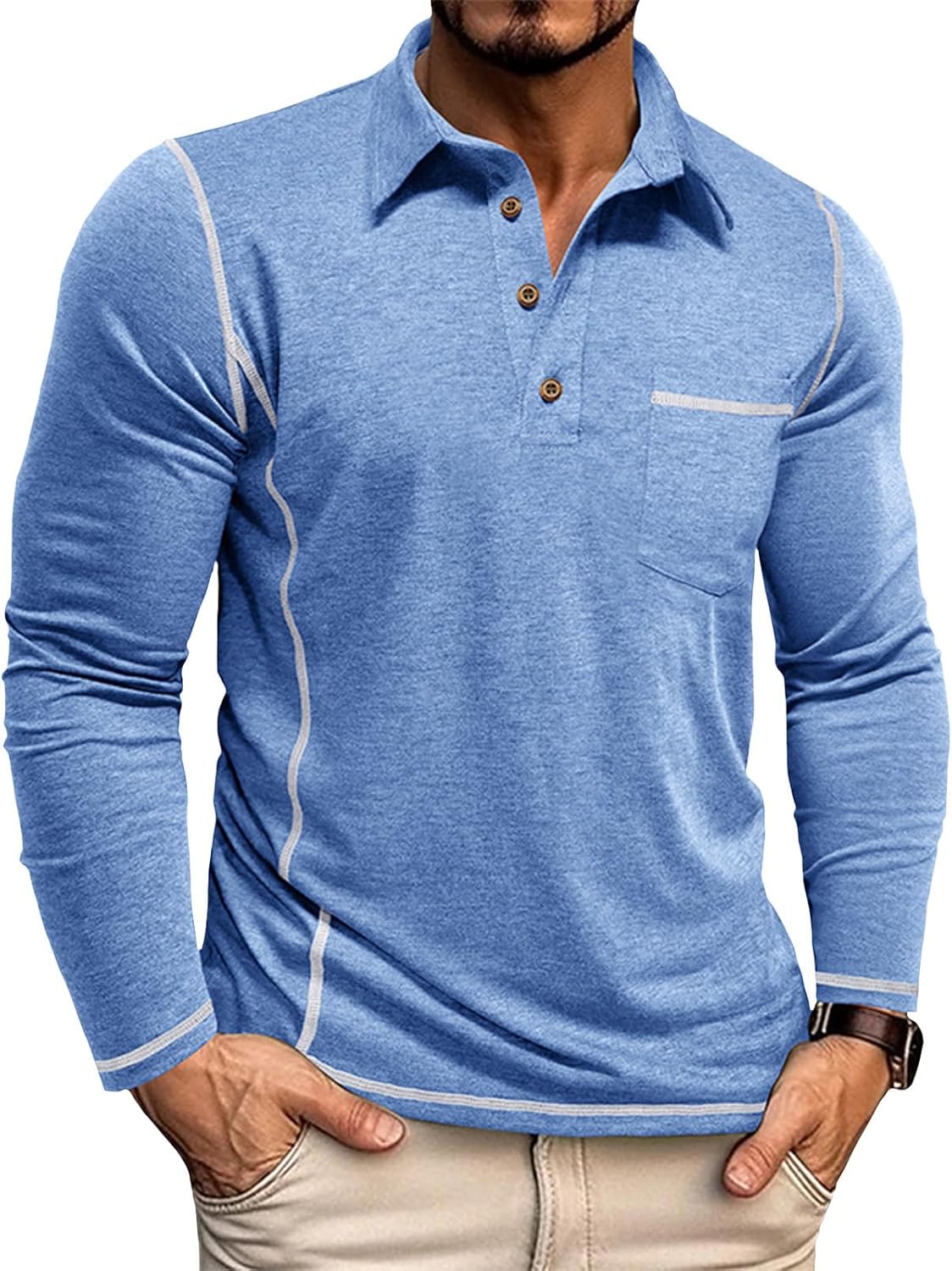 Mens Long Sleeve Polo Shirts Soft Cotton Fashion Button Casual Classic Solid Color Collared Golf Shirts