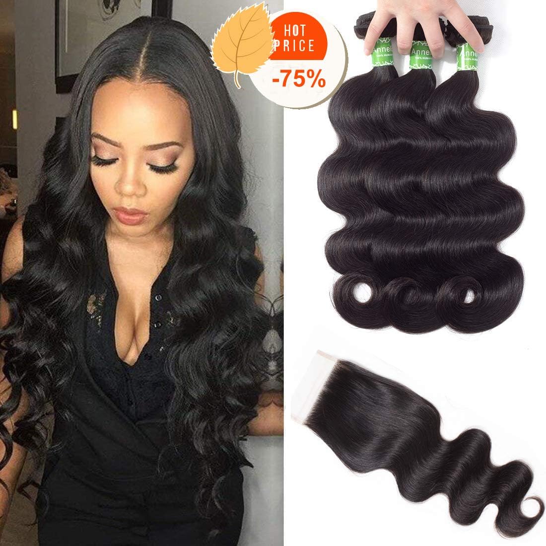 ANNELBEL Hair Brazilian Body Wave With Closure 3 Bundles Human Hair With 4x4 Lace Closure Free Part Brazilian Virgin Remy Human Hair Weaves Natural Color(16 18 20 with 14 Free Part Closure)