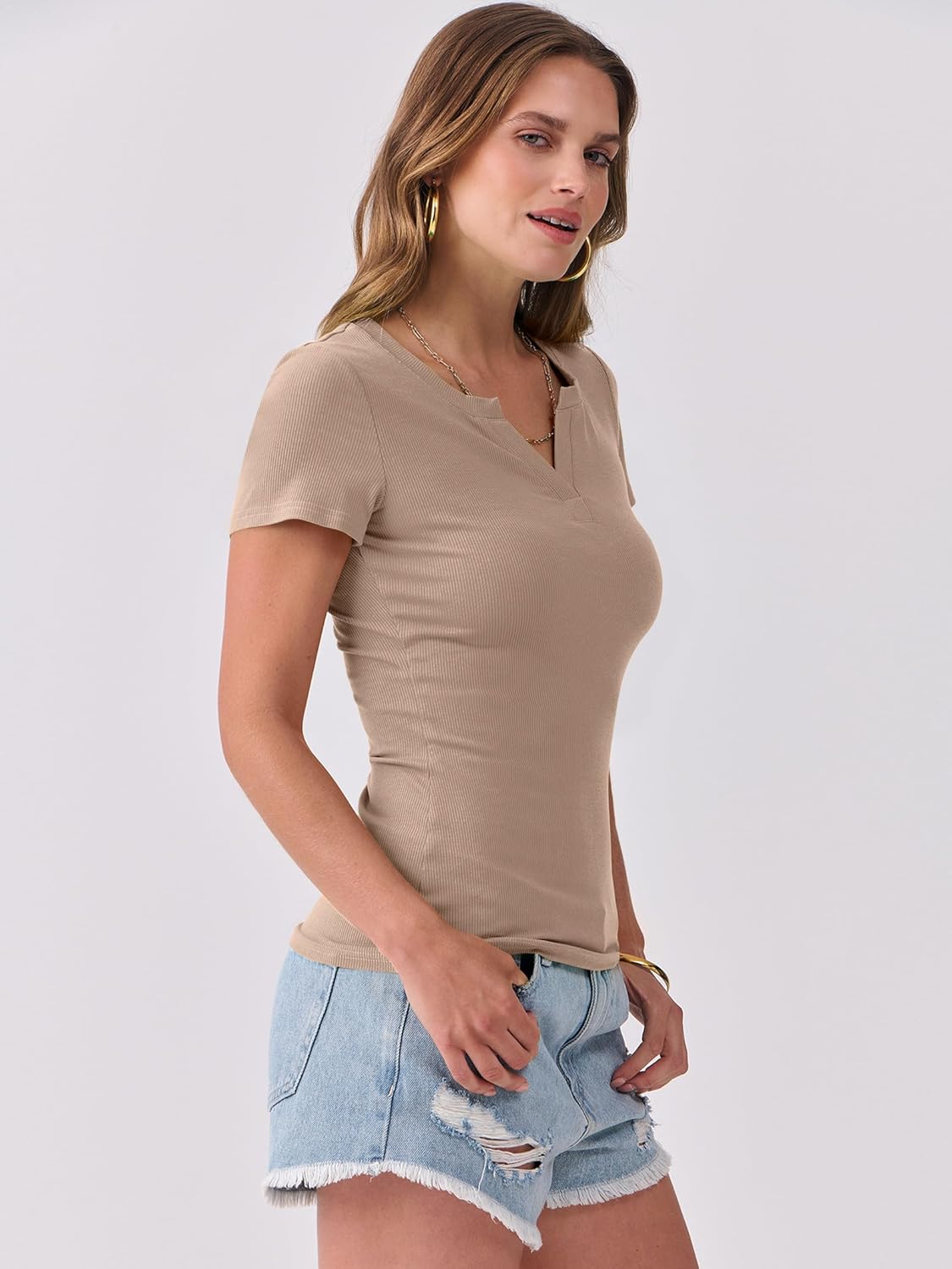 ANRABESS Women Short Sleeve Tops V Neck Rib Knit Slim Fit Shirts Basic Tee 2026 Summer Casual T-Shirt Outfits Clothes - Image 3