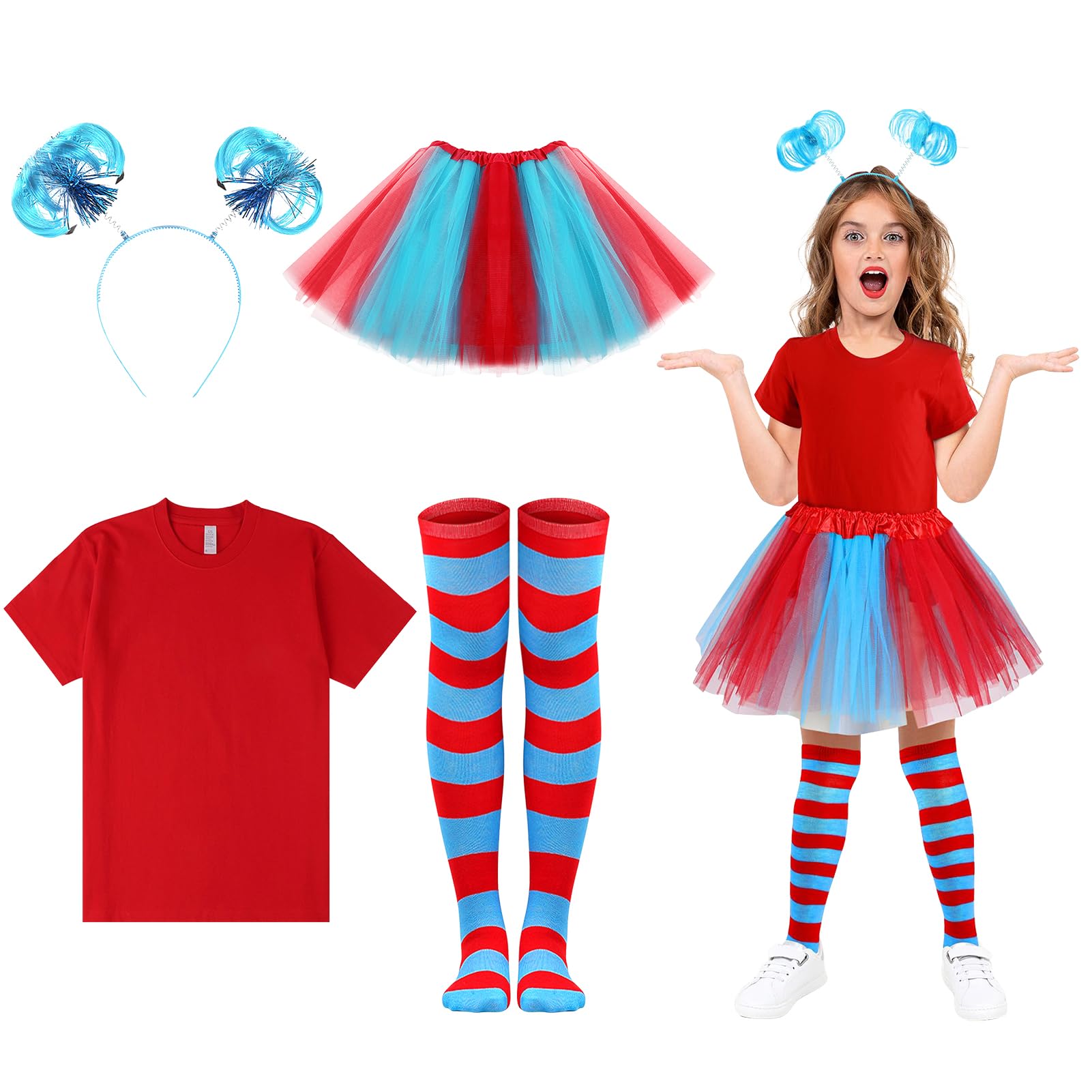 CHUANGLI Tulle Tutu Costume Accessories Set, T Shirt Striped Thigh High Socks Tutu Skirt Headband for Halloween Cosplay Party
