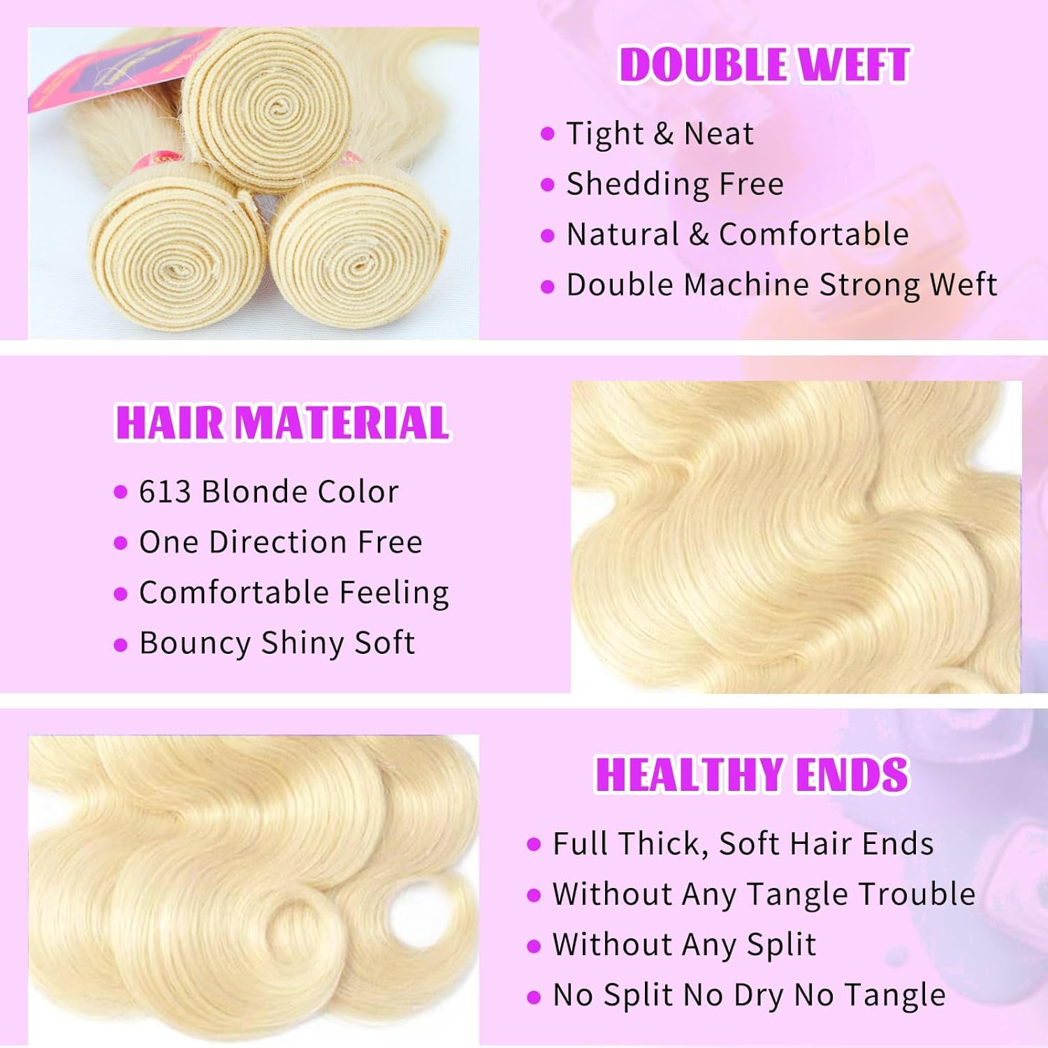 14Inch Blonde Bundles Human Hair 613 Body Wave Bundles Human Hair Extensions,100% Real 14A Brazilian Virgin Raw Easy to Dye No Synthetic Blend No Tangle No Shedding 3X-Lifespan