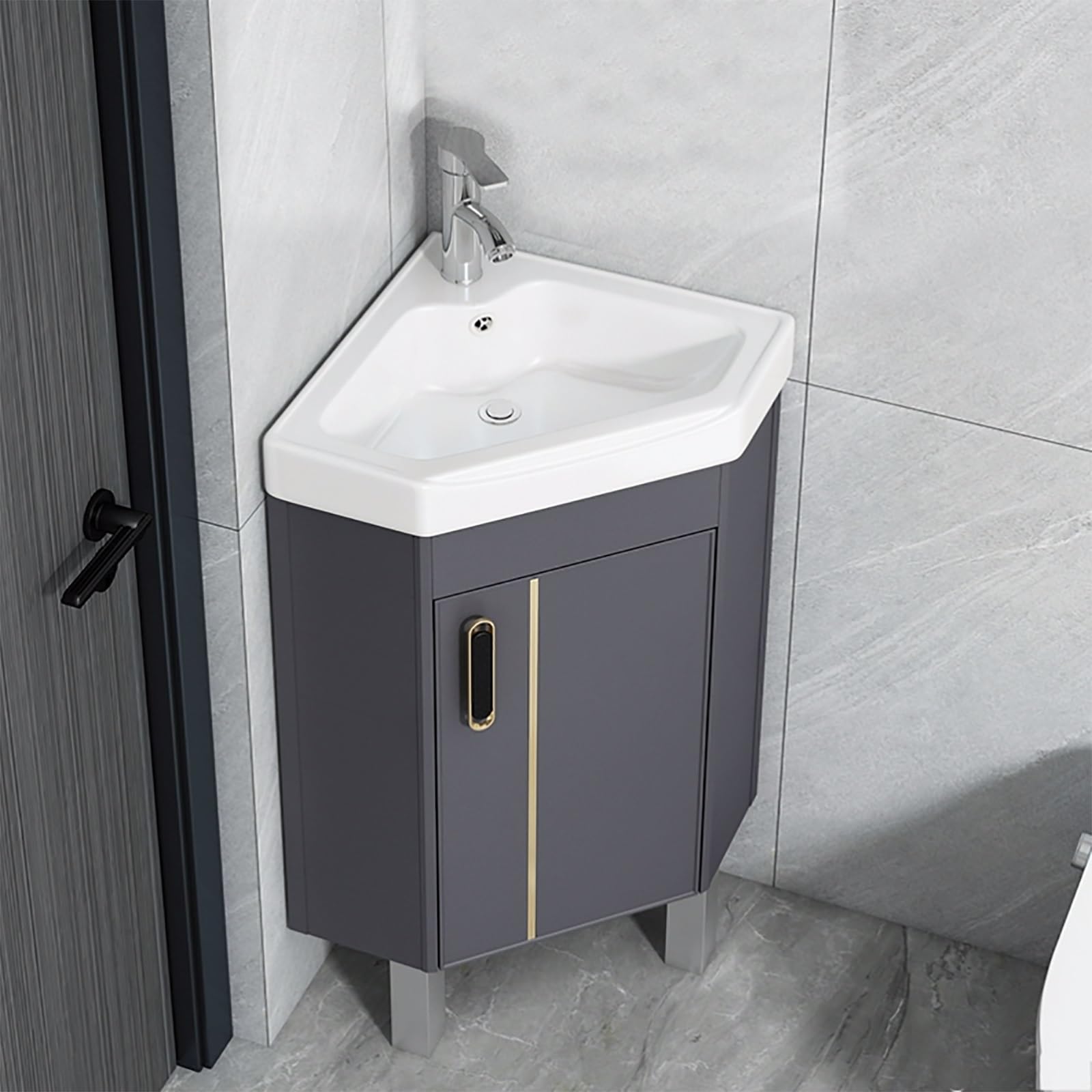 Lavabo de baño esquinero que ahorra espacio, tocador montado en el suelo con almacenamiento, perfecto para baños pequeños y balcones (15in / 38 cm), diseño elegante y funcional