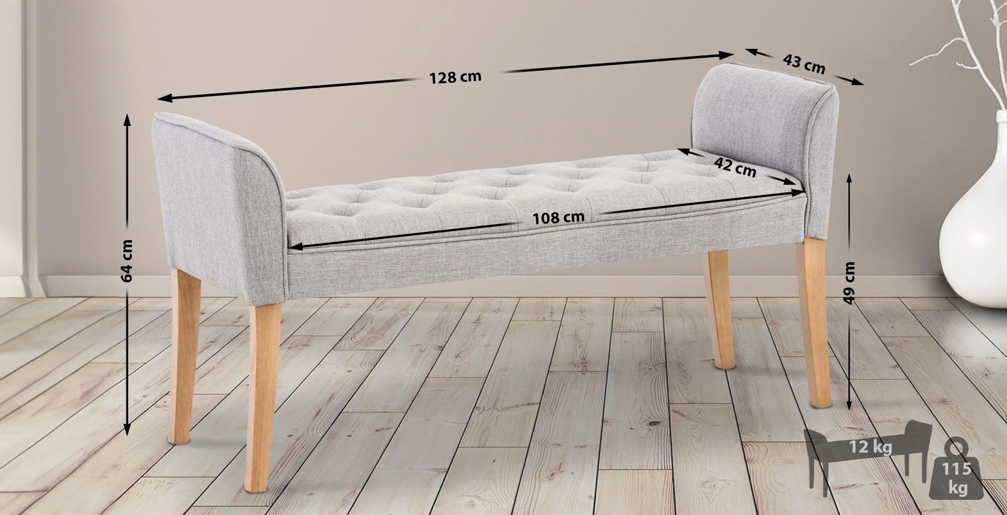 CLP Banquette Cleopatra en Tissu Banc Style Chesterfiled Piétement en Bois | Couleur Gris Clair Couleur du Cadre Antique Clair