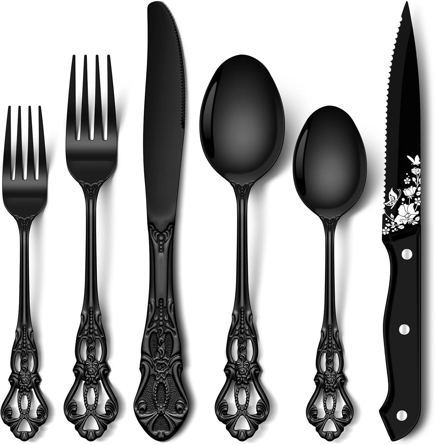 Stapava 48 Pcs Black Silverware Set with Steak Knives, Gorgeous Retro Royal Silverware Set for 8, Stainless Steel Mirror Flatware Cutlery Set, Include Forks Spoons and Knives set, Dishwasher Safe Stapava 48 Pcs Black Silverware Set with Steak Knives, Gorgeous Retro Royal Silverware Set for 8, Stainless Steel Mirror Flatware Cutlery Set, Include Forks Spoons and Knives set, Dishwasher Safe