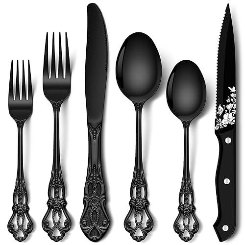 Stapava 48 Pcs Black Silverware Set with Steak Knives, Gorgeous Retro Royal Silverware Set for 8, Stainless Steel Mirror Flatware Cutlery Set, Include Forks Spoons and Knives set, Dishwasher Safe - 48 - Retro Royal Black