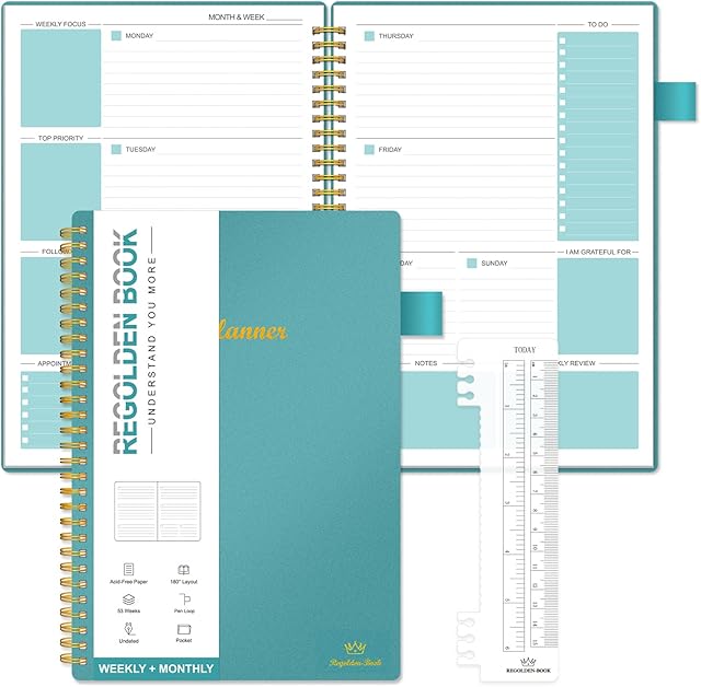 Weekly & Monthly Planner Undated Academic Planner Yearly Planner with Schedule 12 Month Life Journal Organizers Notebook Twin-Wire Binding Flexible Cover Pocket Pen Loop 53 Weeks (7" x 10")