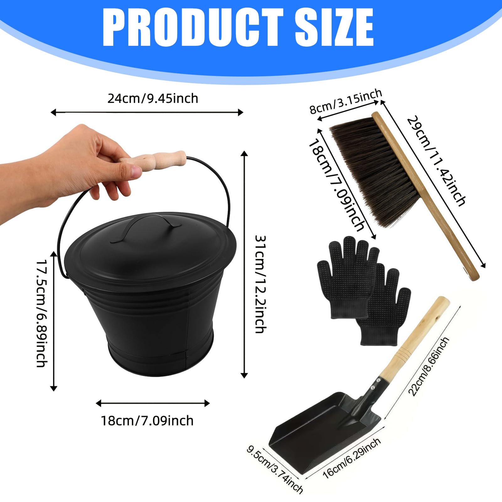 Secchio per lo smaltimento delle ceneri a tenuta stagna con manico ergonomico Include strumento per la pulizia dei caminetti Pala Spazzola Guanti Secchio per ceneri in acciaio zincato
