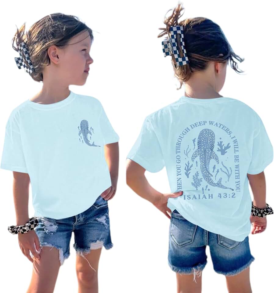 Hiehiety Girls Christian Whale Shark Shirts Kids Jesus God Religious Faith T Shirts Bible Verse Cute Graphic Tees Tops