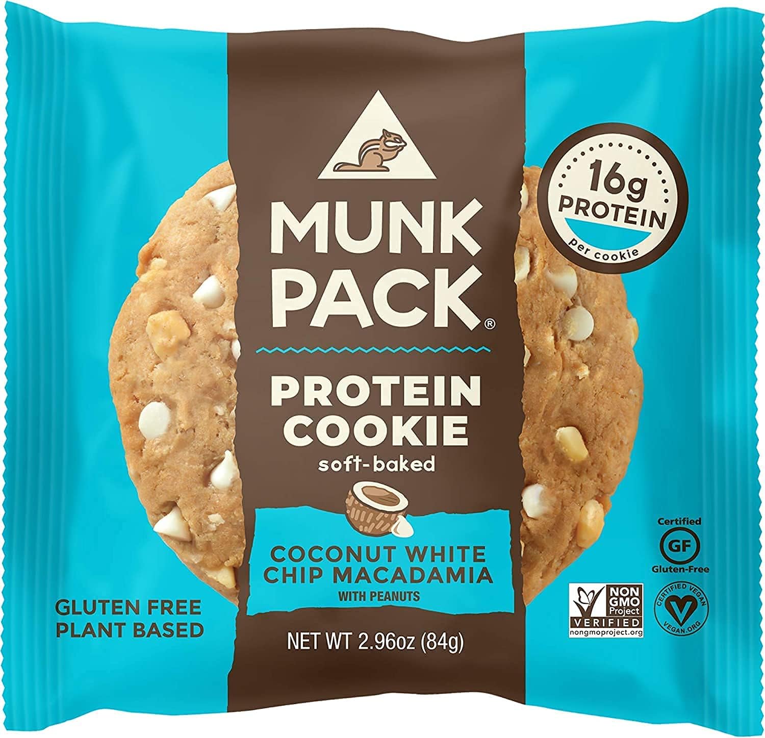 Munk Pack Soft Baked Protein Cookie | Plant Based & Vegan Snacks | Non-GMO Coconut White Chip Macadamia | Individually Wrapped Gluten Free Chewy Cookies | 12 Pack