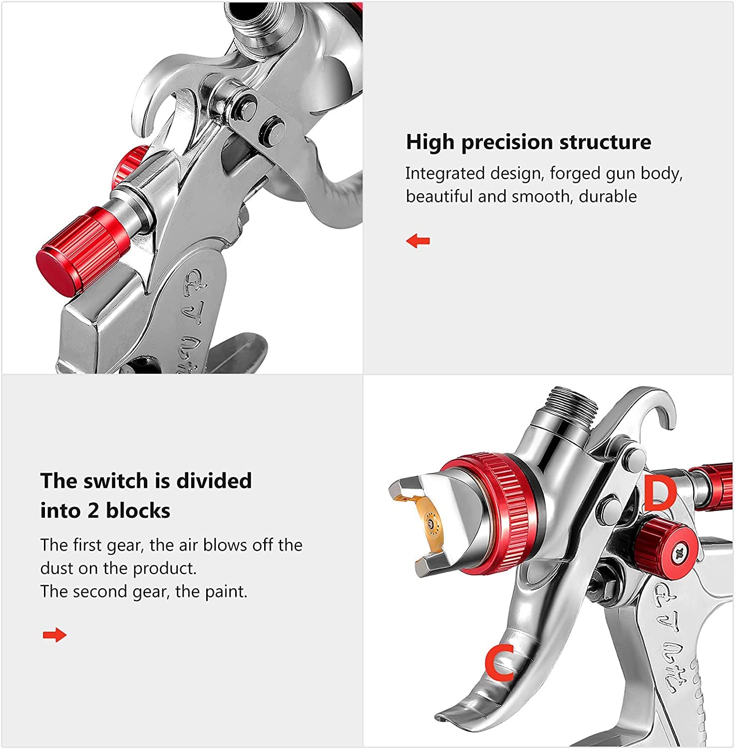 HVLP Pistola a spruzzo con 1.4MM 1.7MM 2.0MM Ugello 600ml Tazza Veicolo Auto Recinzione Strumenti di Pittura Spruzzatori di vernice per interni domestici ed esterni (Rosso)