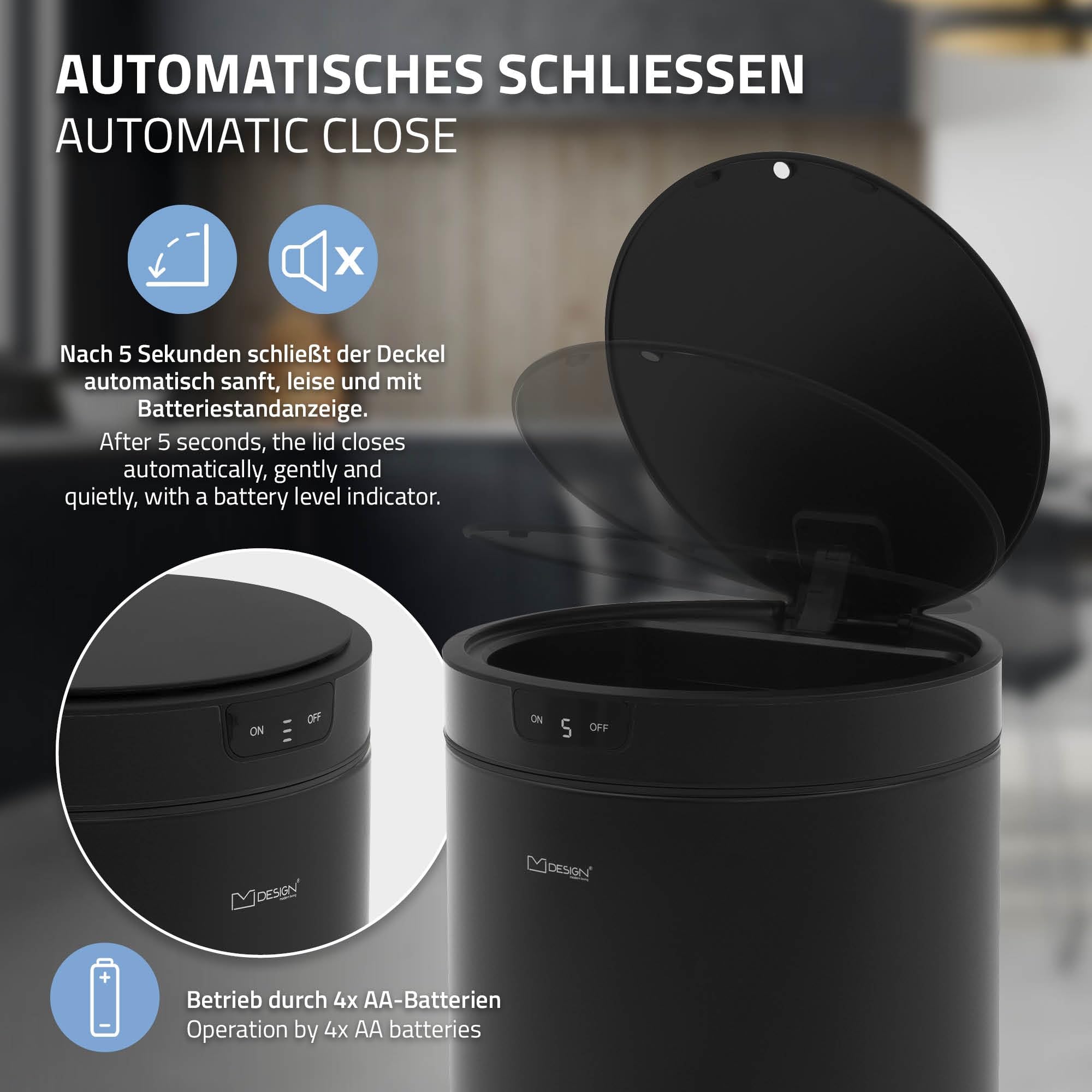 ML-Design Cubo de Basura con Sensor de Movimiento Inteligente Papelera Redonda con Apertura y Cierre Automática 40L Acero Inoxidable Negro Tapa con Pantalla LED y Anillo de Sujeción para Bolsas
