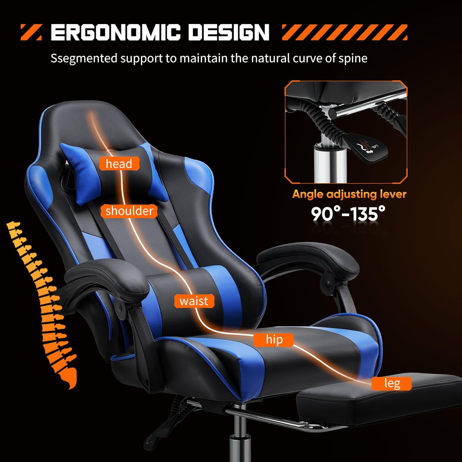 Sweetcrispy Video Game Desk Chair - Ergonomic Computer with Footrest and Comfy Lumbar Support, PU Leather Recliner with Headrest, Fixed Up Armrest, Height Adjustable with 360° Swivel, for Adults, Blue