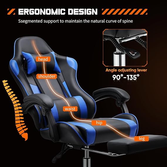 Sweetcrispy Video Game Desk Chair - Ergonomic Computer with Footrest and Comfortable Lumbar Support PU Leather Recliner with Headrest, Fixed Armrest, Adjustable Height, 360 Degree Rotatable for Adults